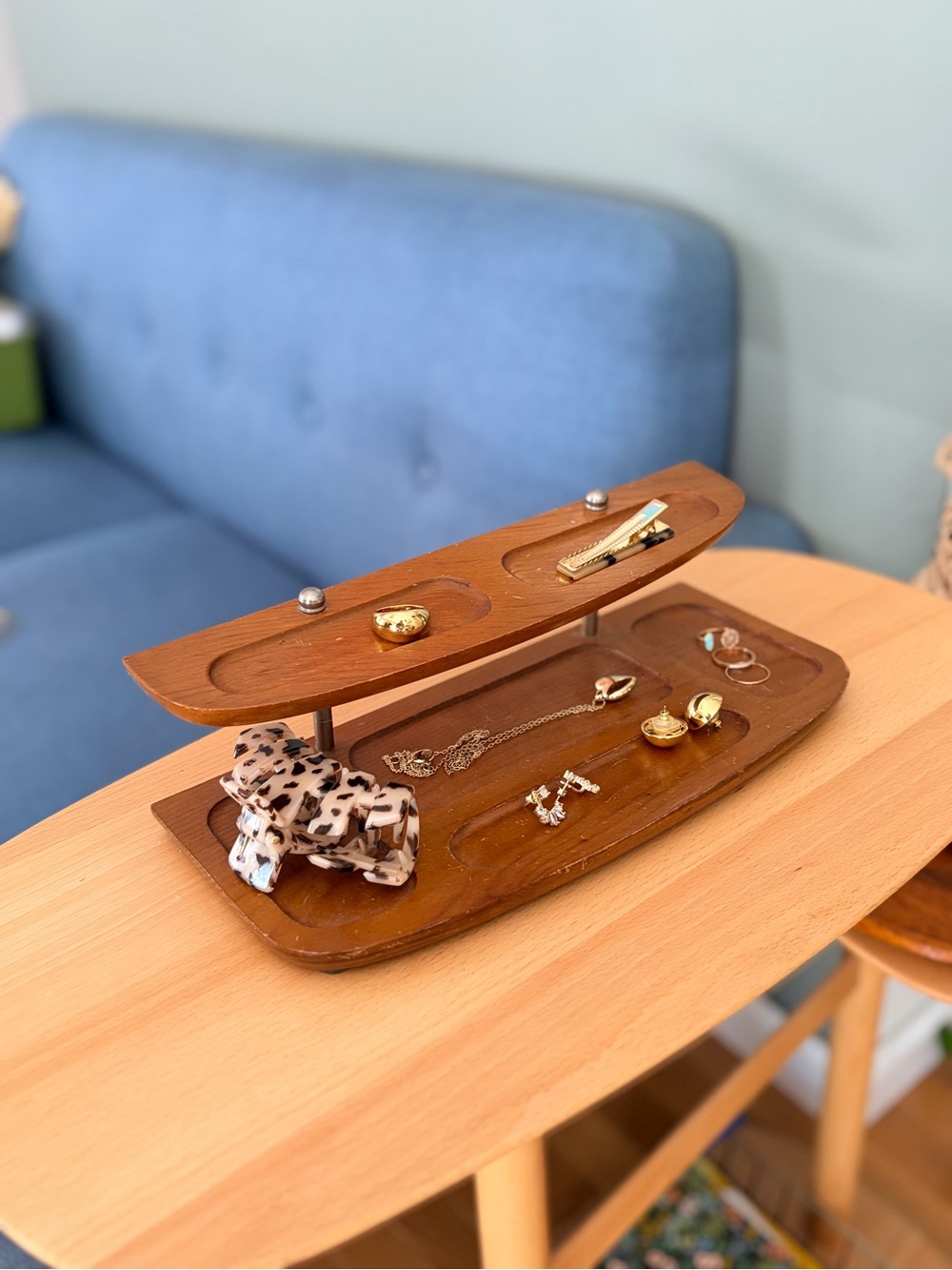 Vintage 1960s MCM Wood Valet Tray | Tiered Dresser Organizer | Dark Wood Catchal
